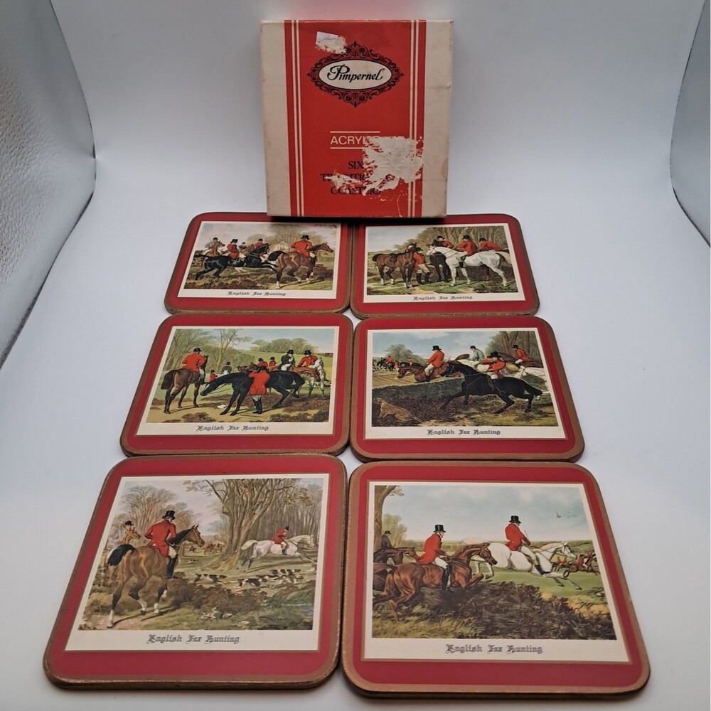 Pimpernel "Fox Hunt" Cork-Backed Coasters 6 Hounds Horses JF. Herring Equestrian
